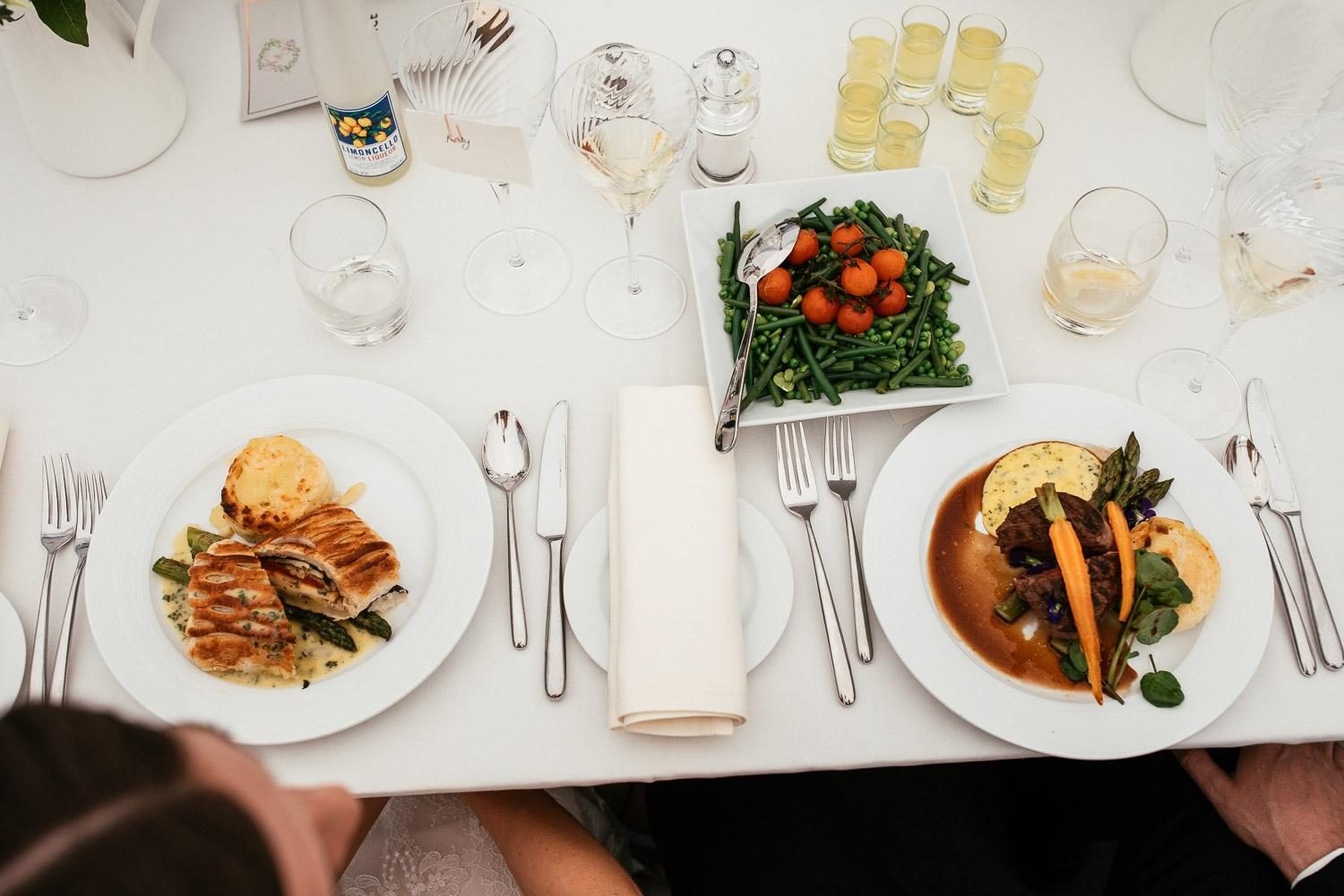 A wedding breakfast course plated and set on the table.
